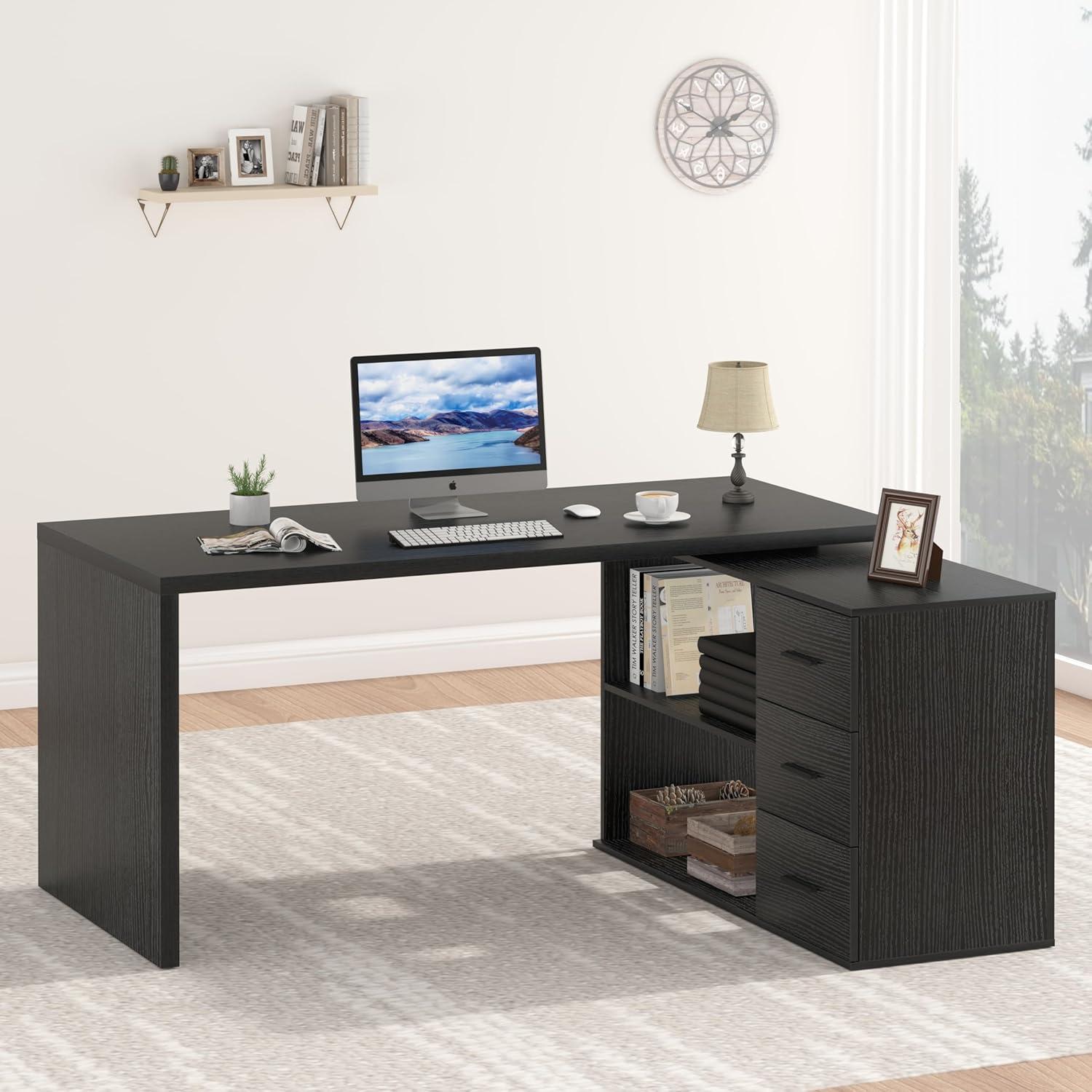 Schwarzer L-förmiger Schreibtisch 140x50x76 cm mit Schubladen Stauraum