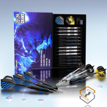 Turnart Profi Steeldarts mit Metallspitze und Dart Case Blau