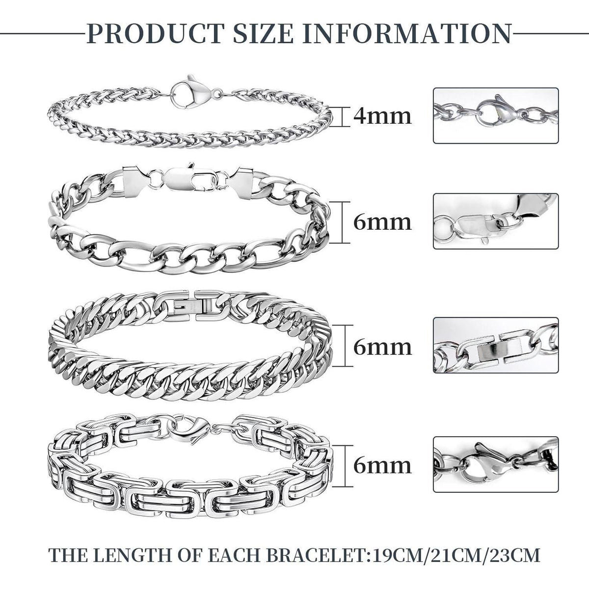 Herren Armband Set Edelstahl Panzerkette Königskette 4 Stück Silber 4/6mm 23cm