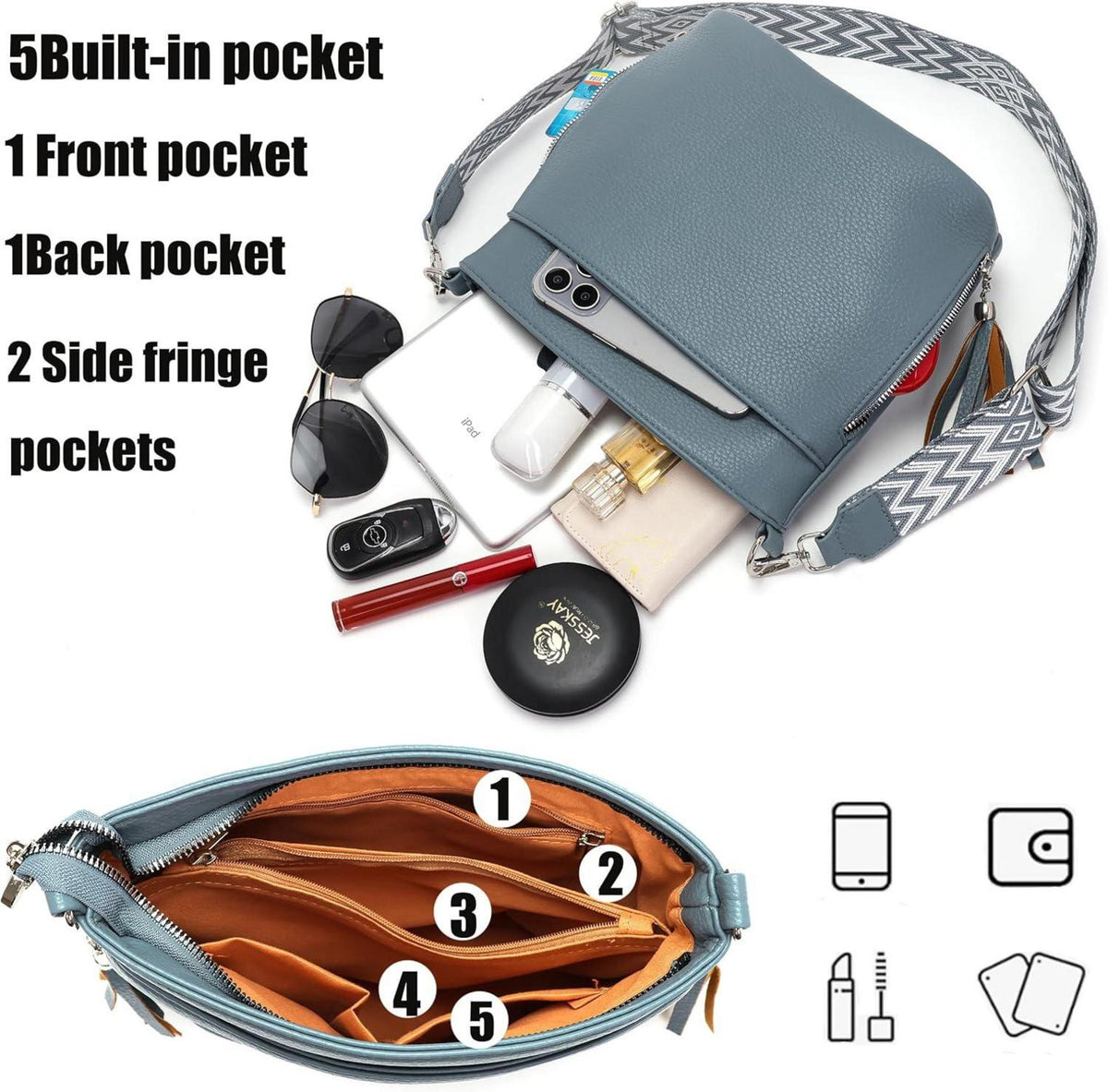 Umhängetasche Damen Mittelgroß Leder PU Tasche Breiter Schultergurt
