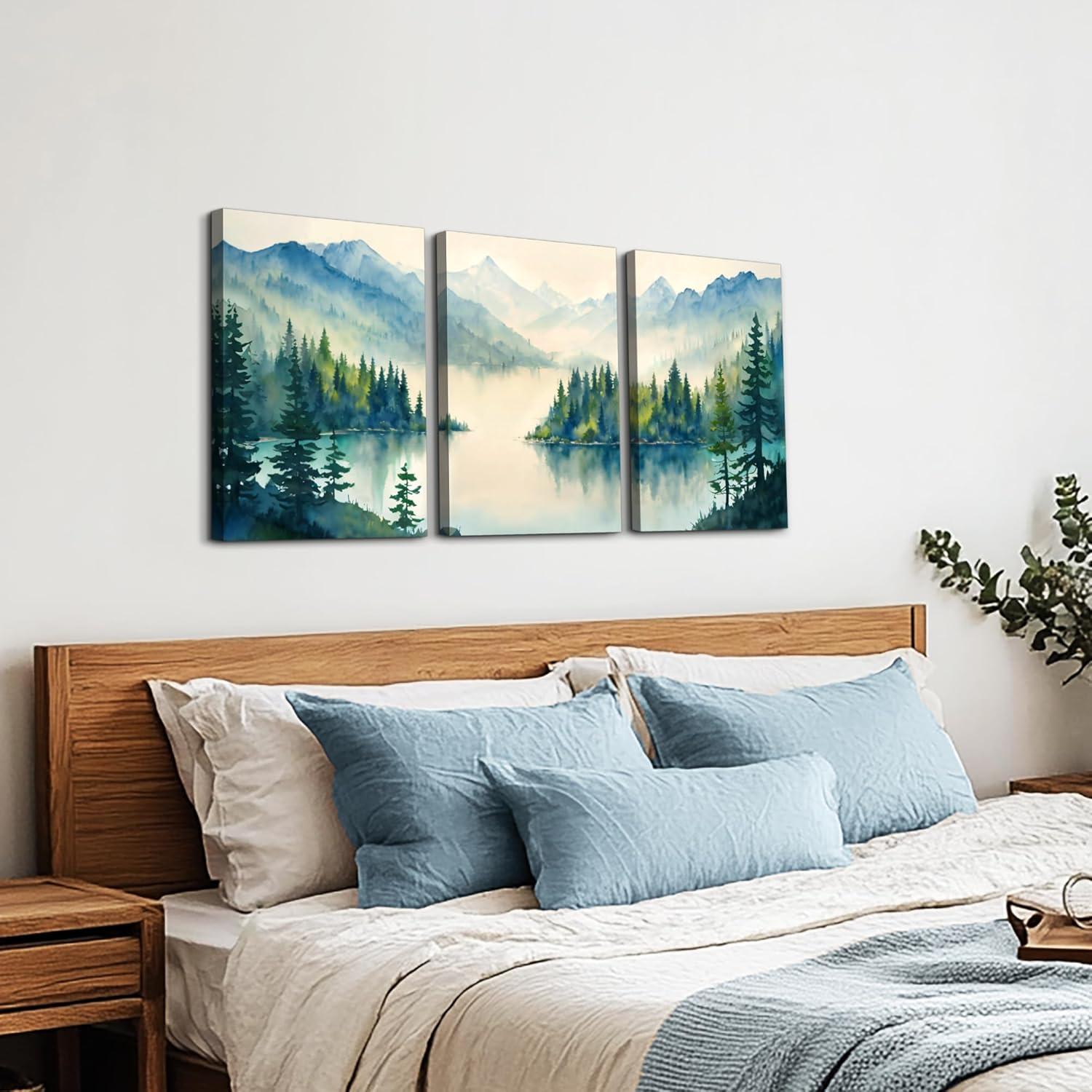 Wandbilder Set Aquarell Blaugrün Wald Leinwand Bilder