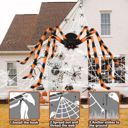 Halloween Deko Set: XXL Spinnennetz + Riesige Spinne + Spinnweben + Mini Spinnen