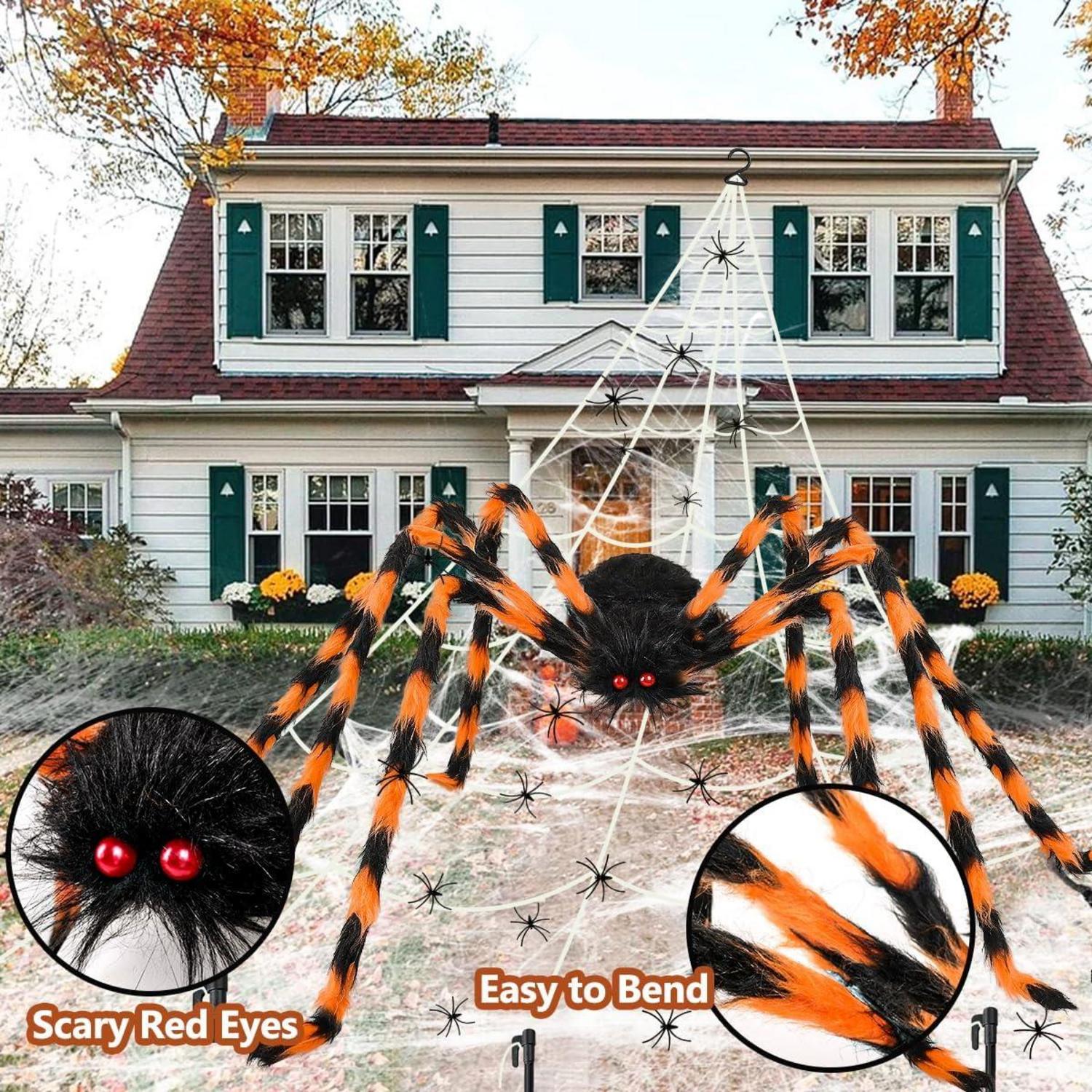 Halloween Deko Set XXL Riesiges Spinnennetz 200cm Spinne Gruseliges Outdoor