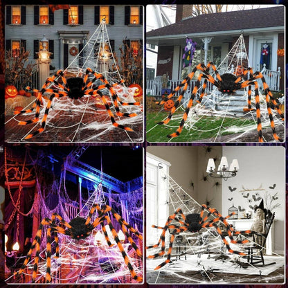 Halloween Deko Set XXL Riesiges Spinnennetz 200cm Spinne Gruseliges Outdoor