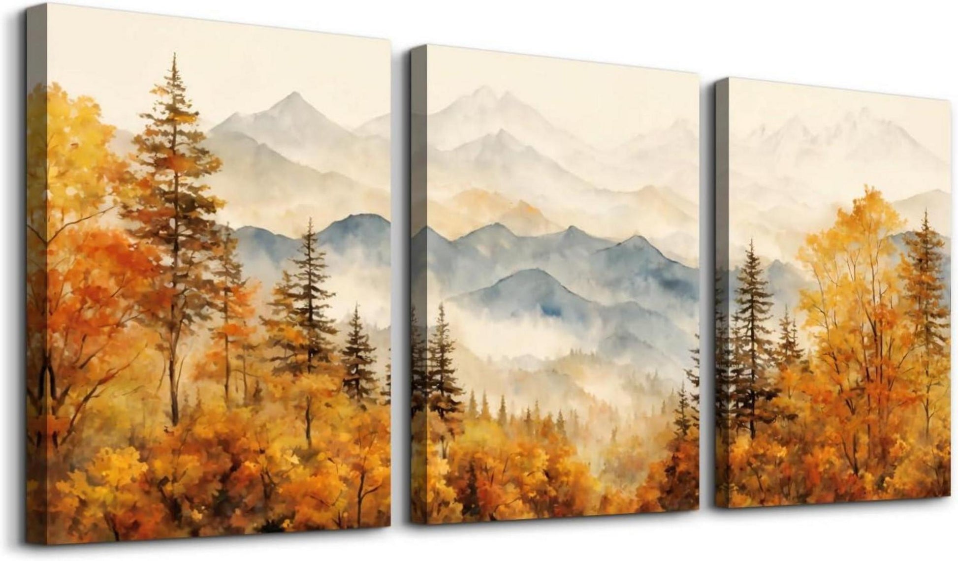 Aquarell Wald Landschaft Leinwand Bilder Set Herbst Bergkette 40cm x