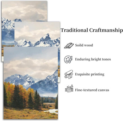 Blauer Schneeberg Aquarell Goldener Wald Leinwand Bilder Set 40cm x 58cm x 3
