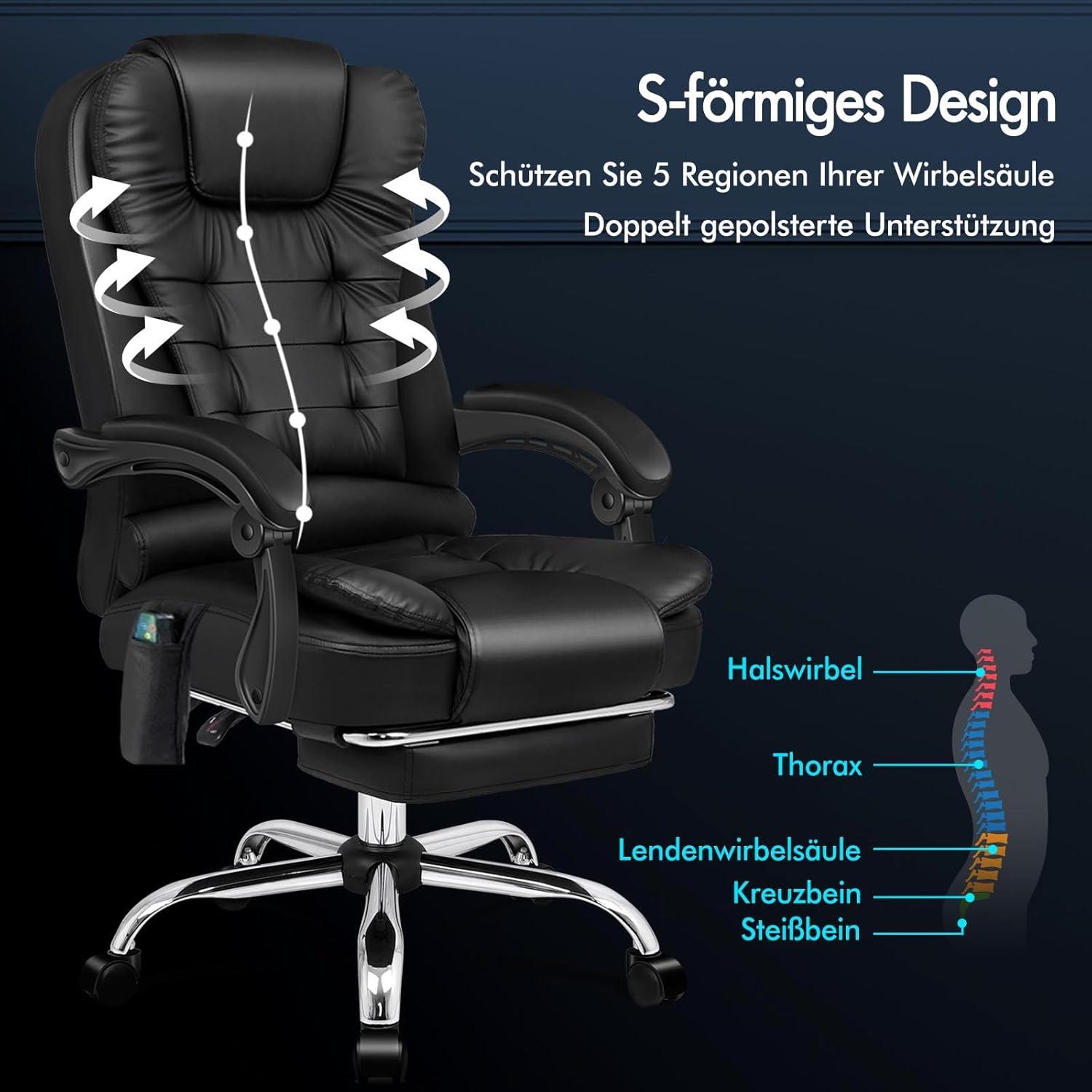 Ergonomischer Bürostuhl mit Wärmemassagefunktion und PU-Leder Schwarz