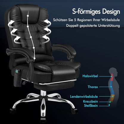 Ergonomischer Bürostuhl mit Wärmemassagefunktion und PU-Leder Schwarz
