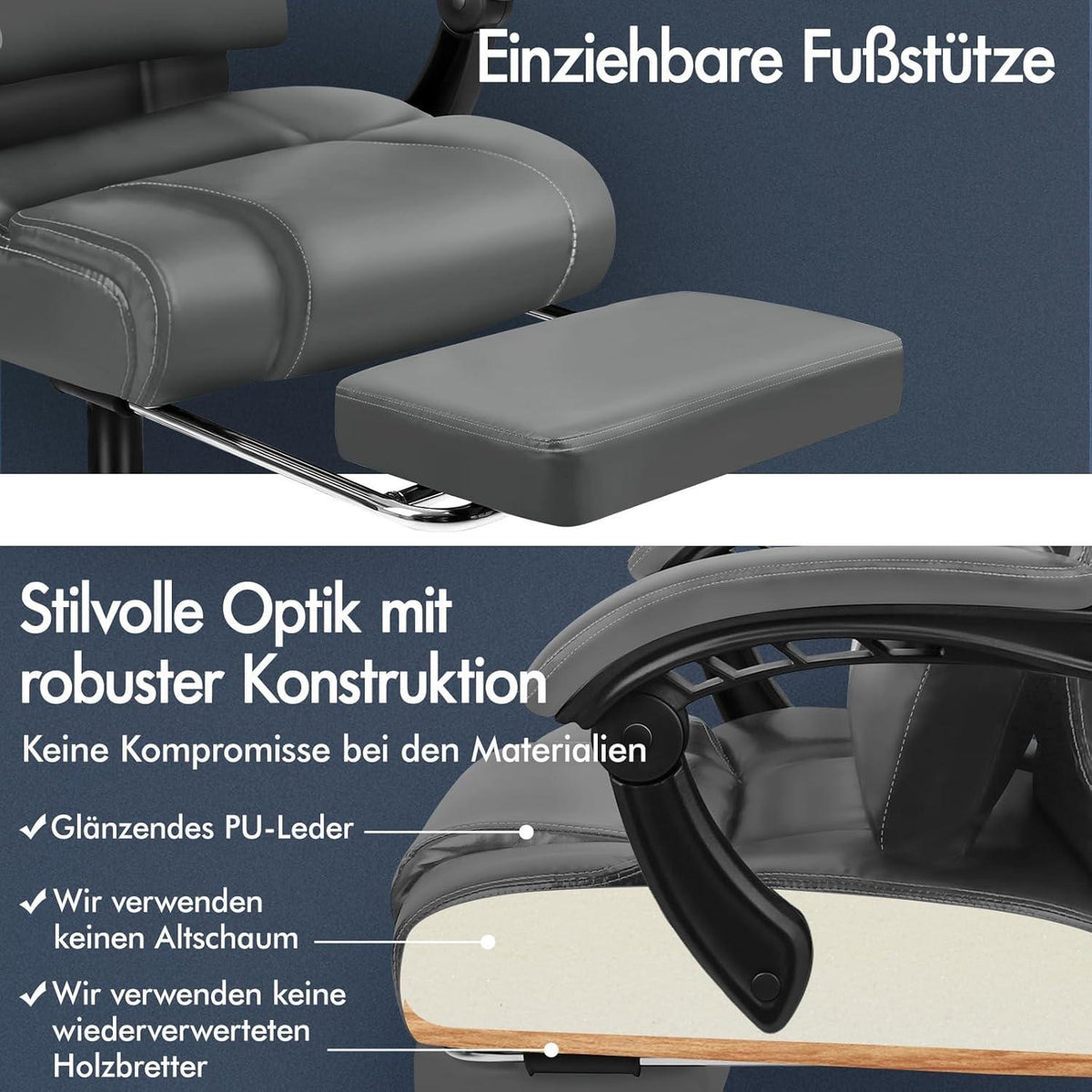 ALFORDSON Bürostuhl mit Verstellbarer Lendenwirbelstütze und Fußstütze, Grau