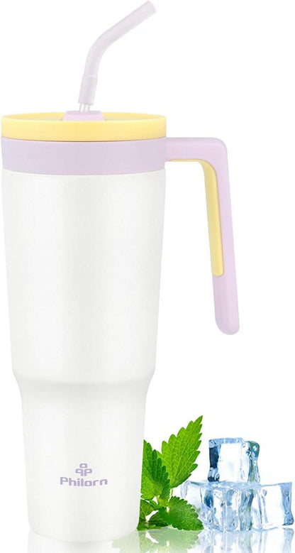 Thermobecher mit Strohhalm 1.2L - Doppelwandiger Trinkbecher