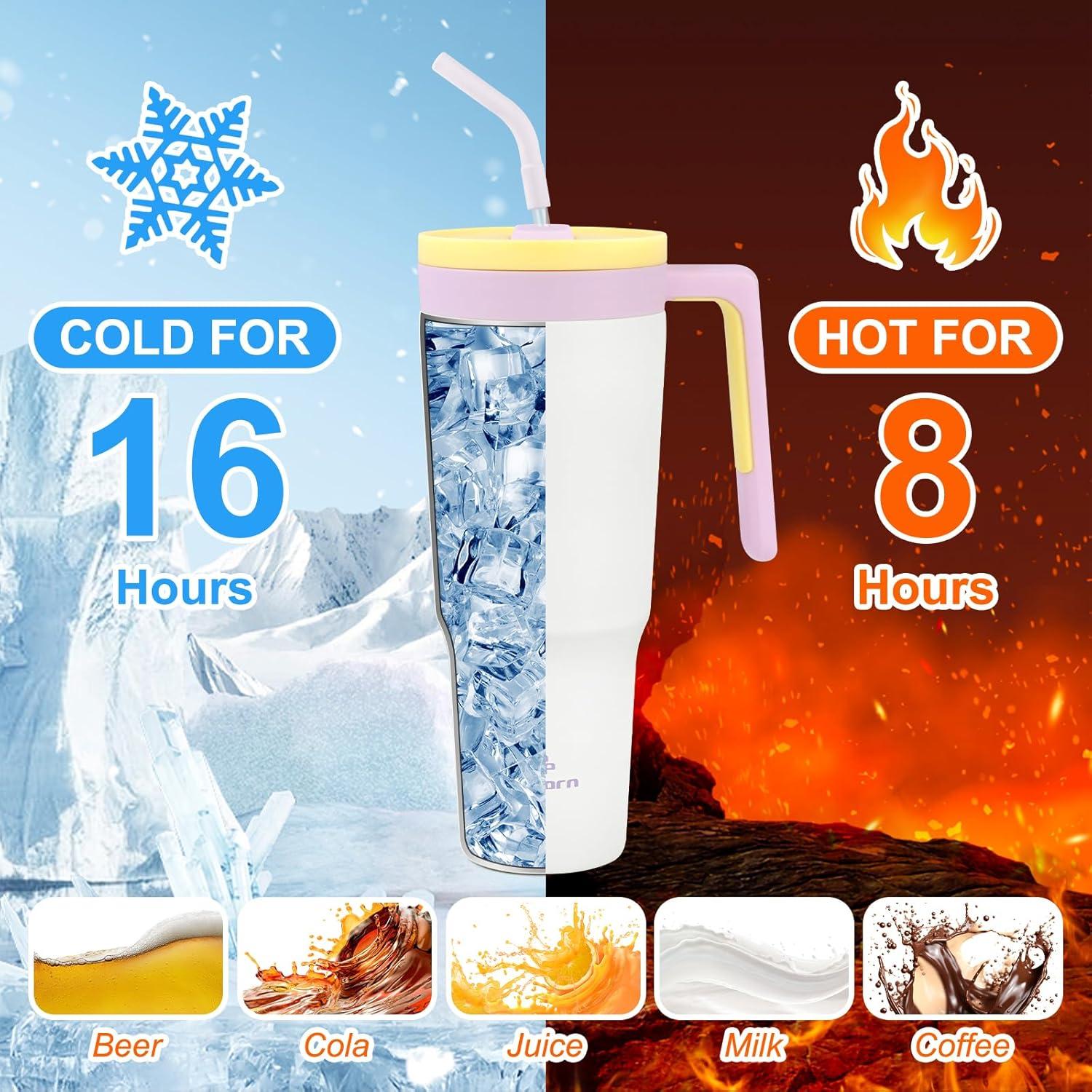 Thermobecher mit Strohhalm 1.2L Doppelwandiger Trinkbecher aus Edelstahl White