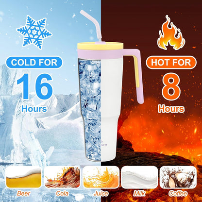 Thermobecher mit Strohhalm 1.2L Doppelwandiger Trinkbecher aus Edelstahl White