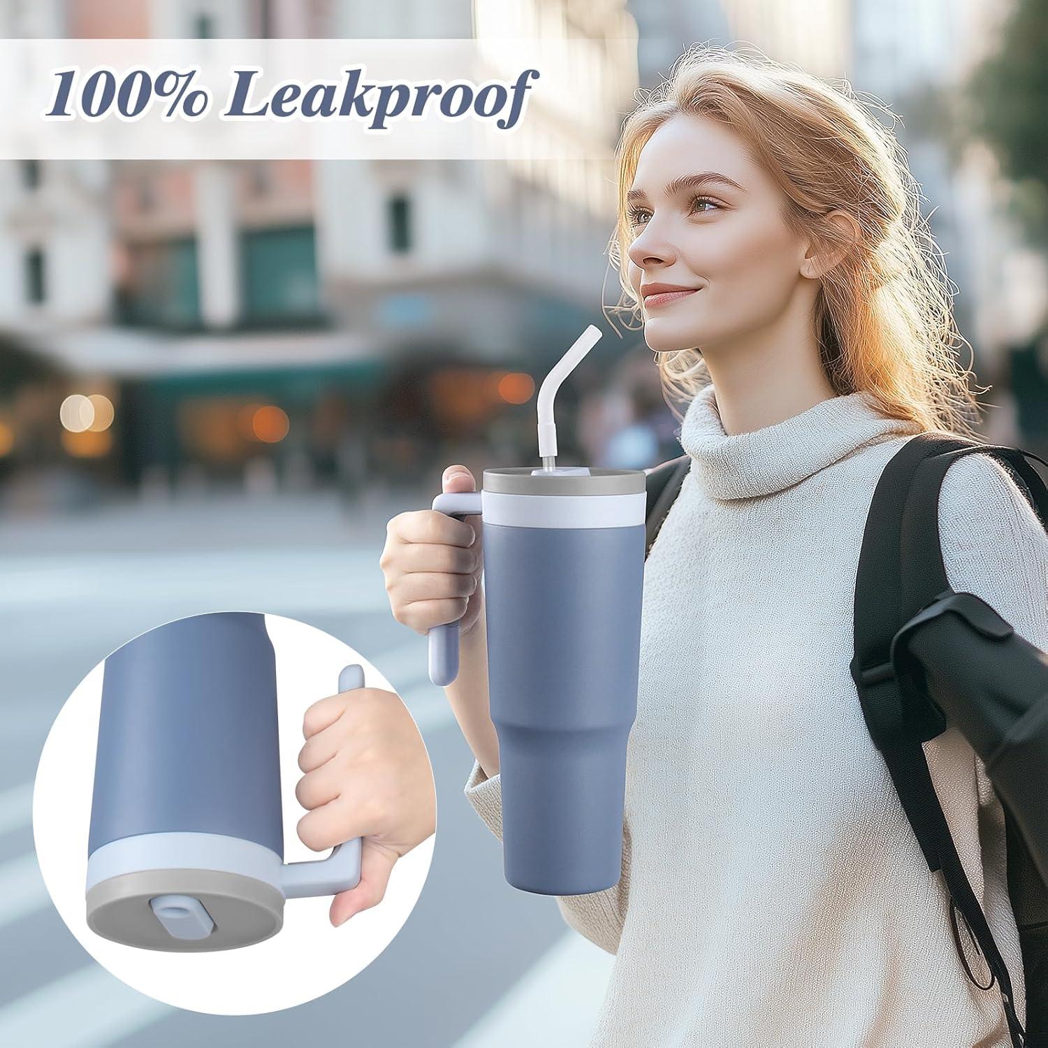Edelstahl Thermobecher 1,2L Strohhalm Trinkflasche Auslaufsicher Blau