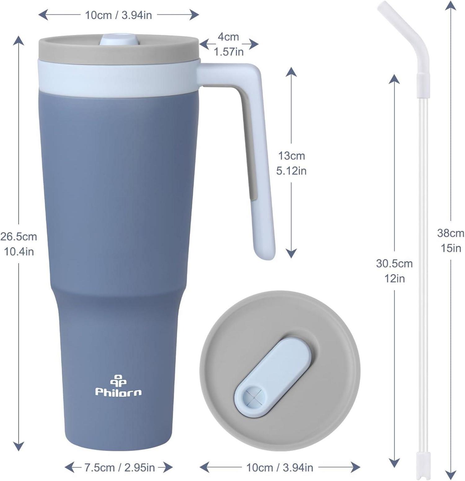Edelstahl Thermobecher 1,2L Strohhalm Trinkflasche Auslaufsicher Blau