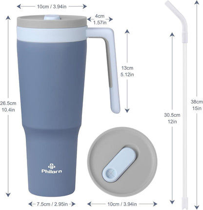 Edelstahl Thermobecher 1,2L Strohhalm Trinkflasche Auslaufsicher Blau