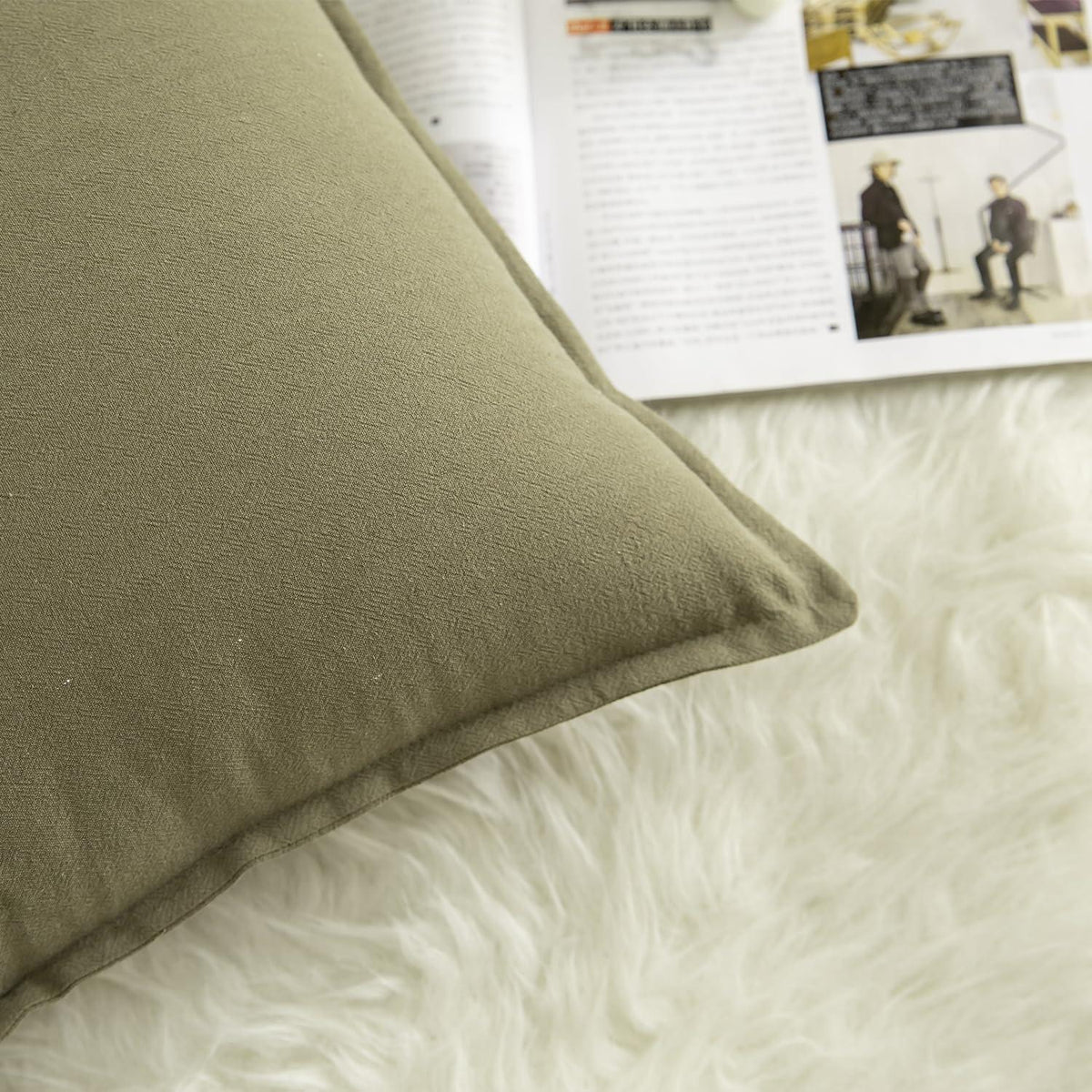 2x Baumwoll Kissenbezug 40x60cm Olivgrün Boho Deko