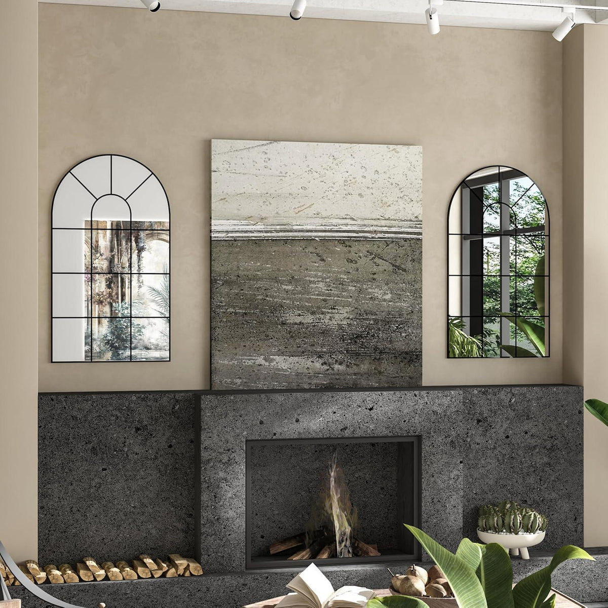 Gewölbter Fensterspiegel 105x60cm – Dekorativer Wandspiegel Schwarz
