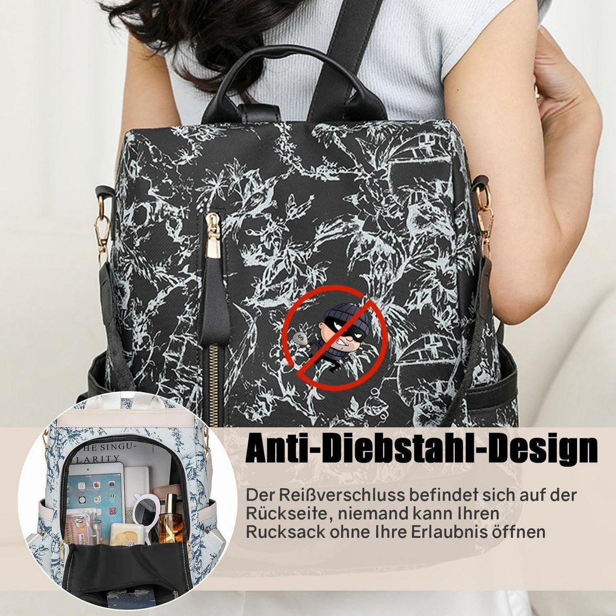 Wasserdichter Damen Rucksack – Anti-Diebstahl Schulrucksack Schwarz