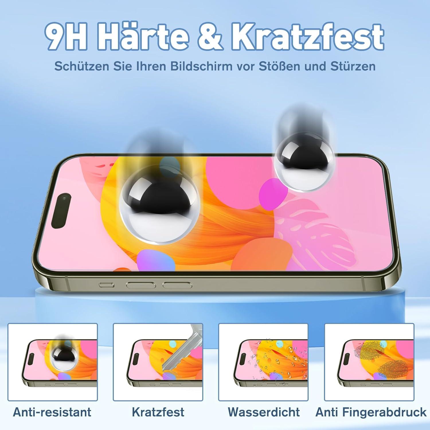 Panzerfolie iPhone 15 Pro Schutzglas 9H Glas 2 Stück