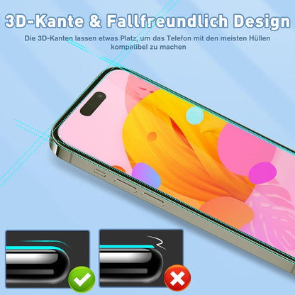 Panzerfolie für iPhone 15 Pro Schutzglas 9H gehärtet 2er Pack
