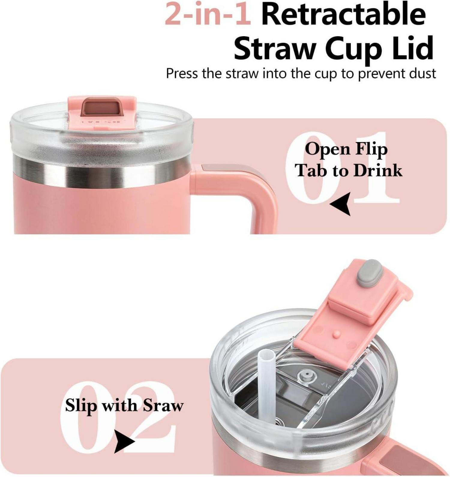Isolierter Trinkbecher mit Strohhalm 1200ml Edelstahl Rosa
