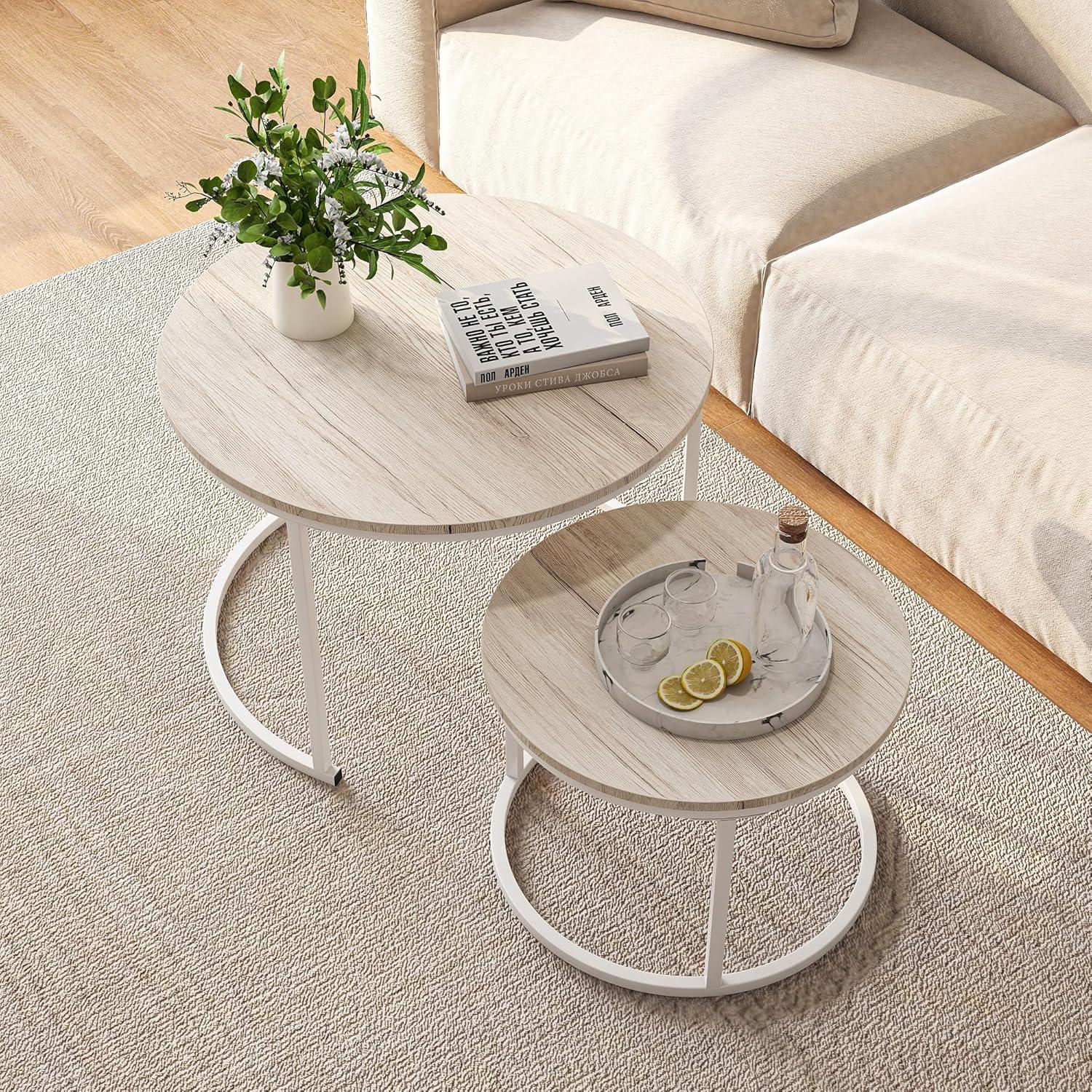 Runder Couchtisch 2er-Set Eiche Metall/Holz robust stapelbar