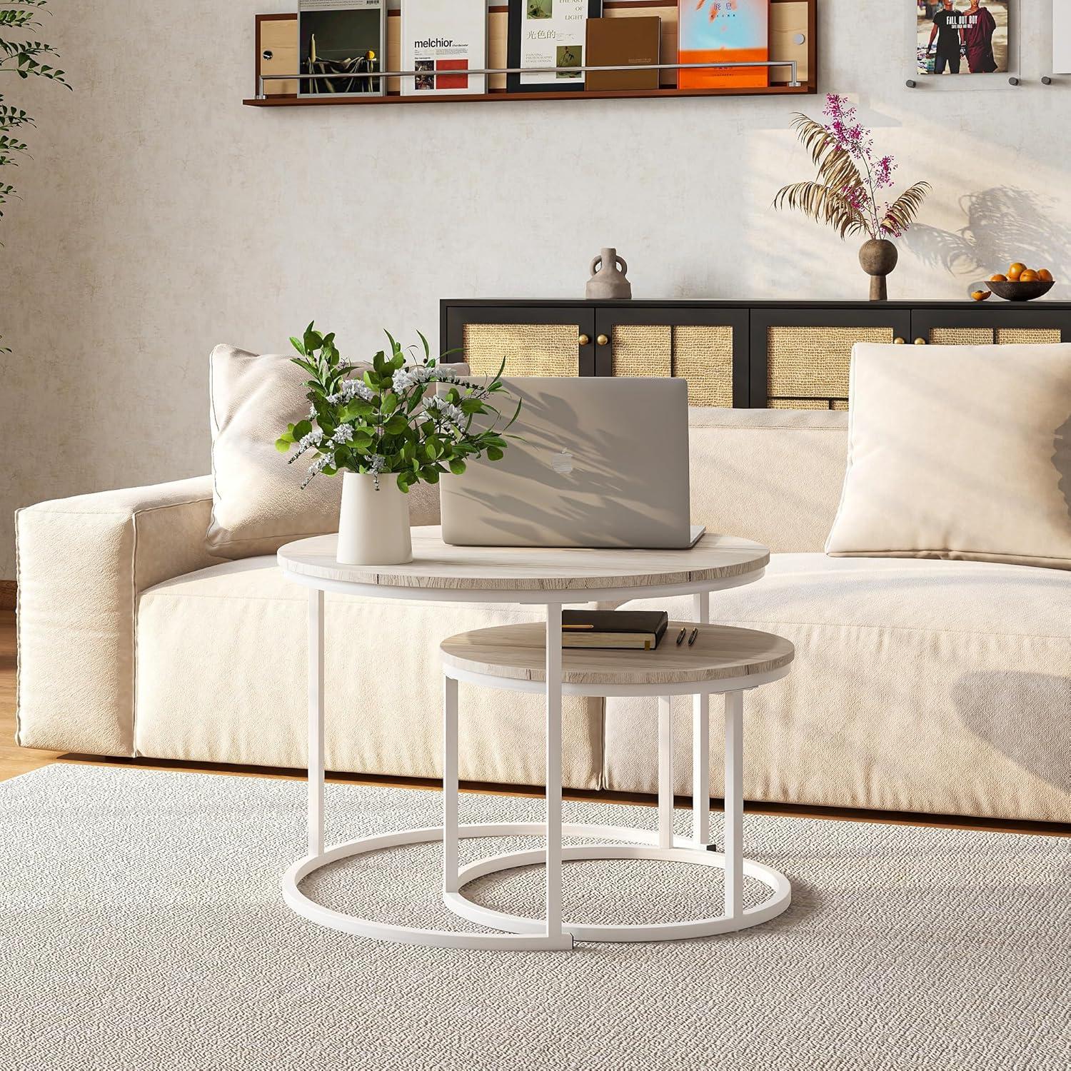 Runder Couchtisch 2er-Set Eiche/Metall Wohnzimmer Beistelltisch stapelbar