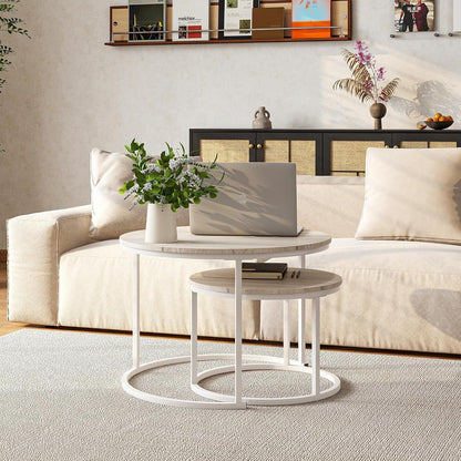 Runder Couchtisch 2er-Set Eiche/Metall Wohnzimmer Beistelltisch stapelbar