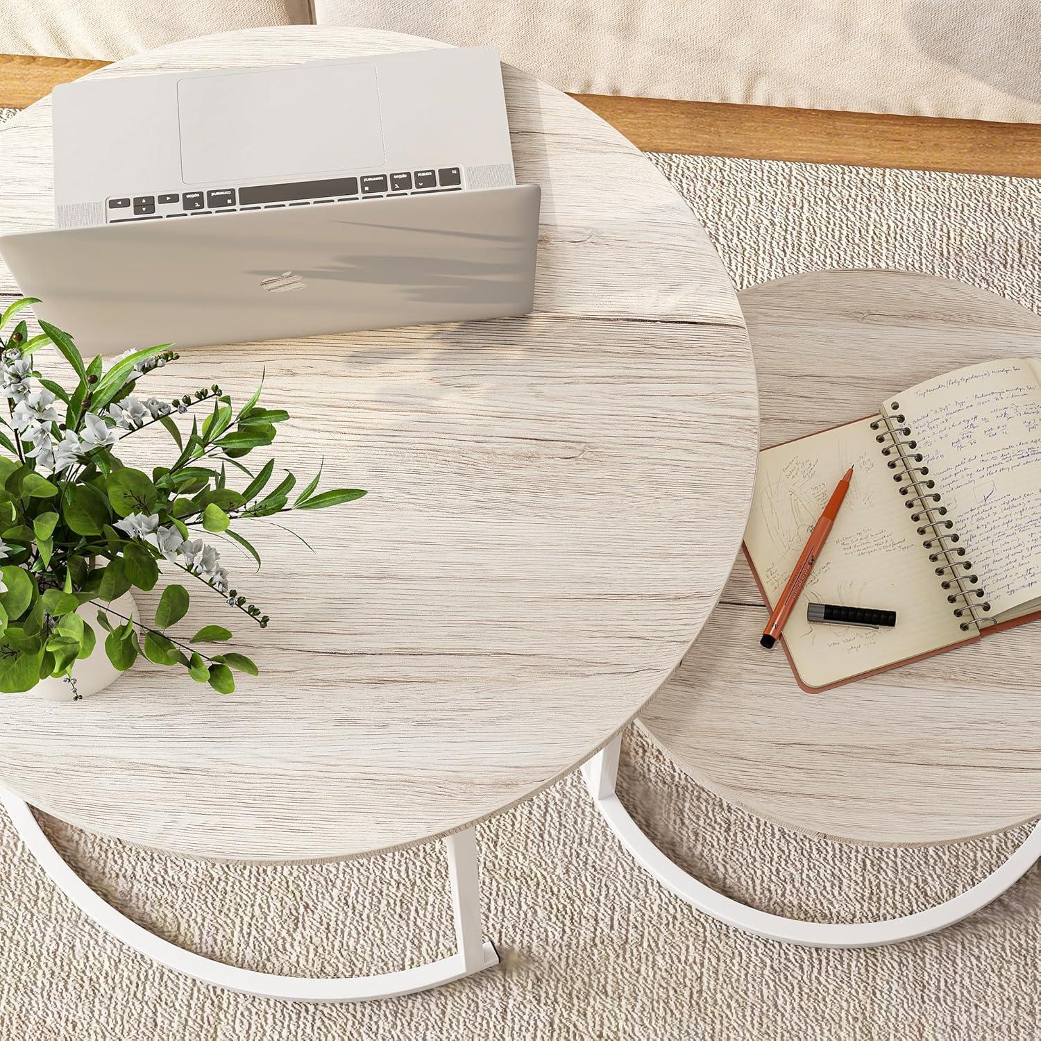 Runder Couchtisch 2er-Set Eiche Metallrahmen Holz stapelbar modern
