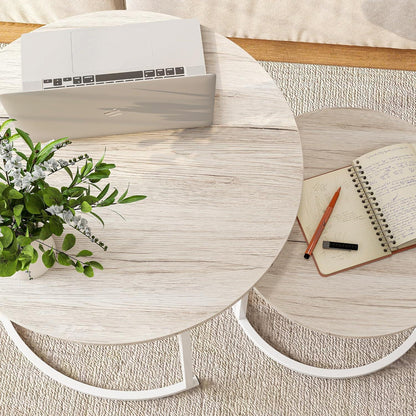 Runder Couchtisch 2er-Set Eiche Metallrahmen Holz stapelbar modern