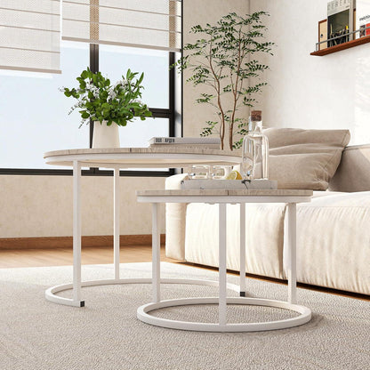 Runder Couchtisch Eiche 2er-Set Metallrahmen Holz stapelbarer