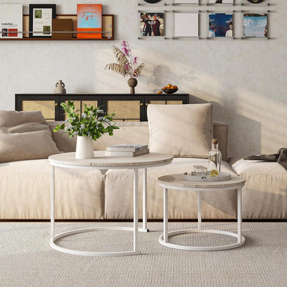 Runder Couchtisch 2er-Set Eiche Metallrahmen Holz stapelbar modern