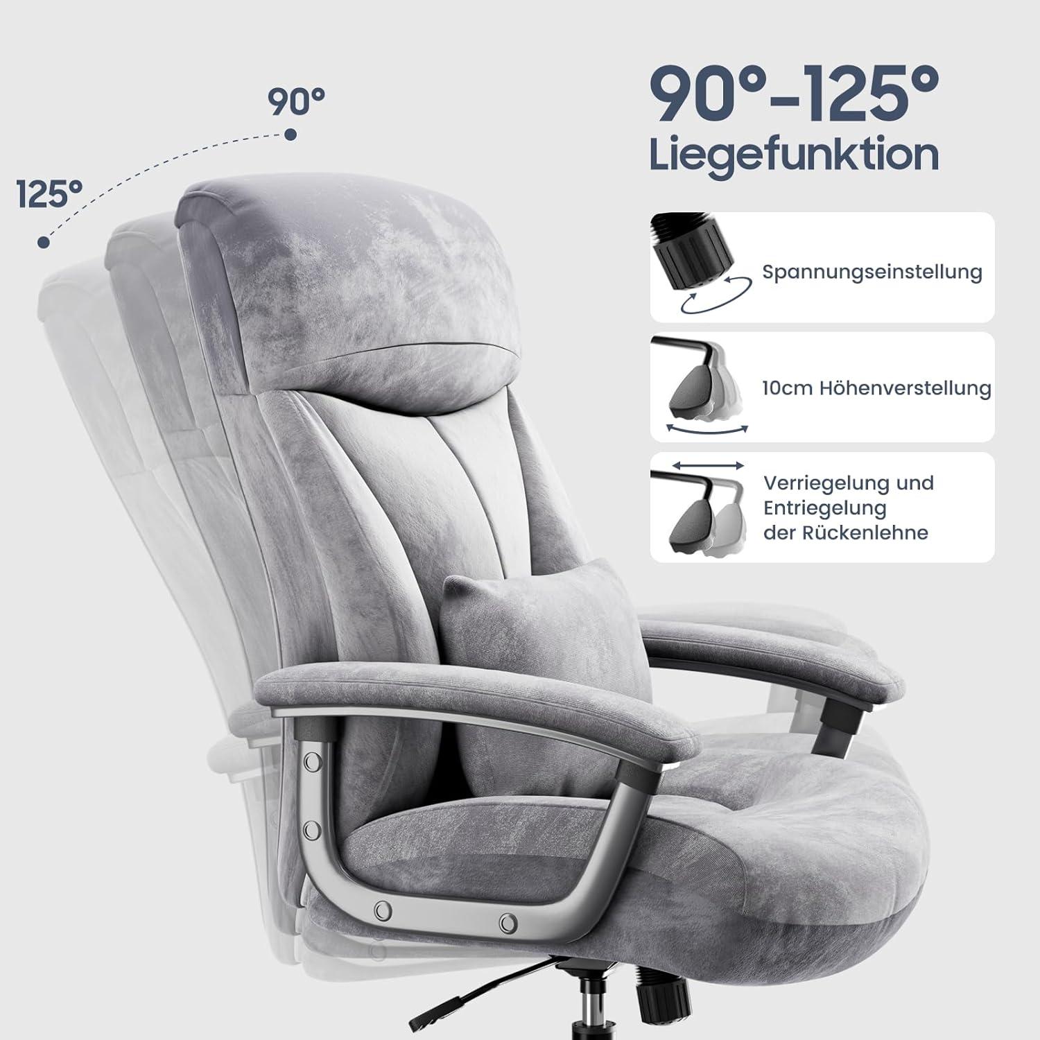 Bürostuhl Ergonomisch, Chefsessel XXL belastbar 200kg, Samt Stoff