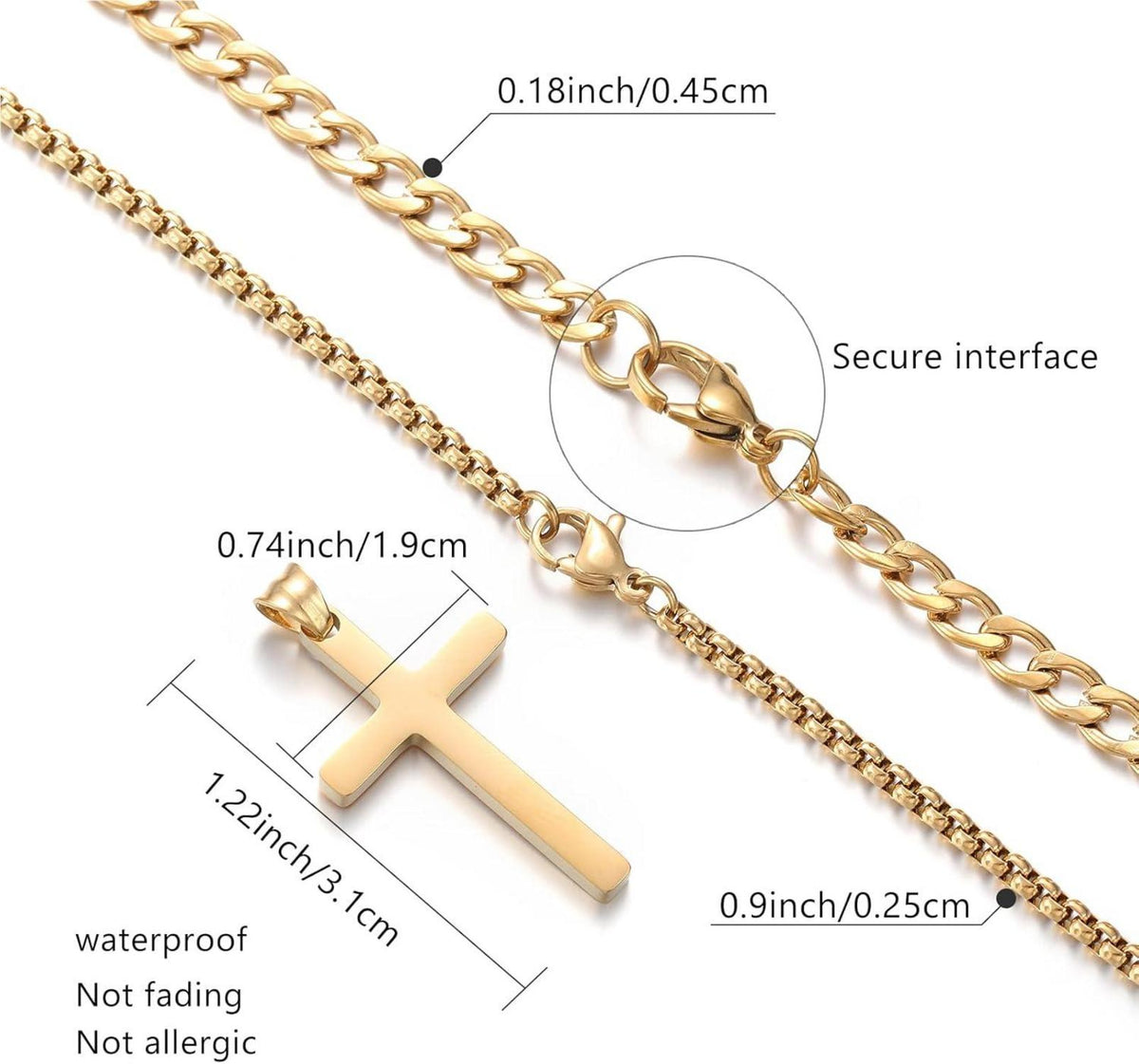 Herren Edelstahl Kreuz Kette Silber/Gold/Schwarz Layered Kubanische Halskette