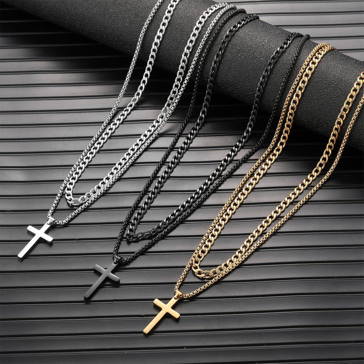 Kreuz Kette Herren Edelstahl Layered Kubanische Halskette Schwarz Gold