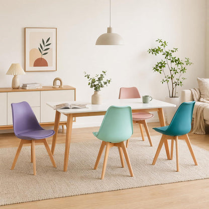 8 Esszimmerstühle Skandinavisch mit Sitzkissen & Holzbeinen (Rauchrosa/Türkis/Mint/Violett)