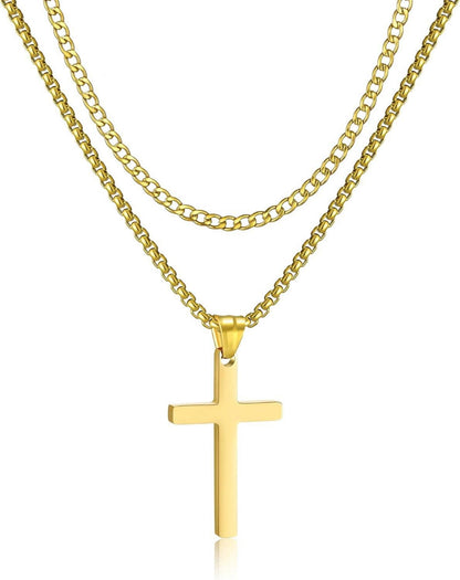 Edelstahl Kreuz Halskette Silber/Gold/Schwarz Layered Kubanische Kette