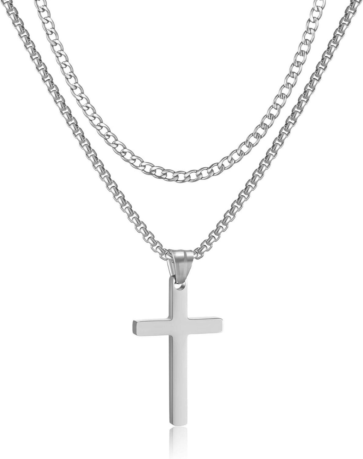 Layered Kreuz Halskette Edelstahl Kubanische Kette Cross Anhänger
