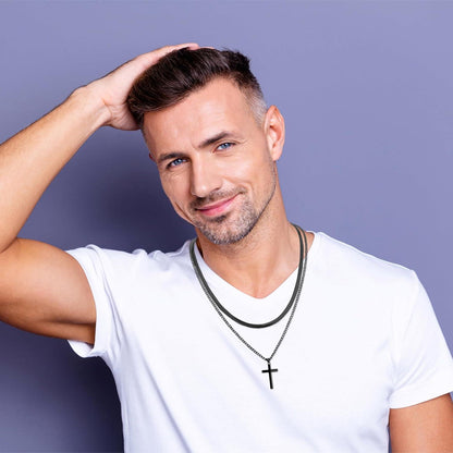 Herren Kreuzkette Edelstahl Silber/Gold/Schwarz Layered Kubanische Anhänger