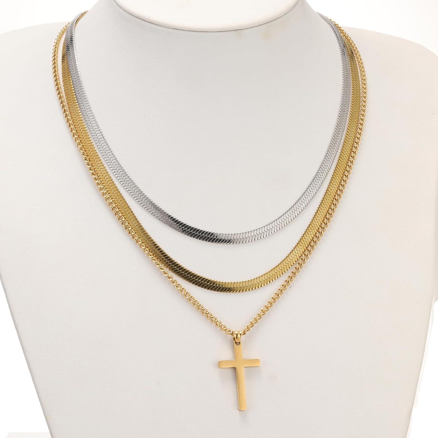 Kreuzkette Herren Edelstahl Silber/Gold/Schwarz Layered Kreuzanhänger
