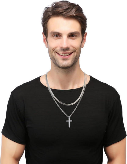 Herren Kreuz Kette Edelstahl Silber Layered Schlangenkette