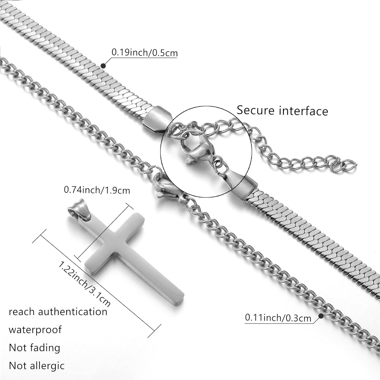 Halskette Herren Edelstahl Flache Schlangenkette mit Kreuzanhänger