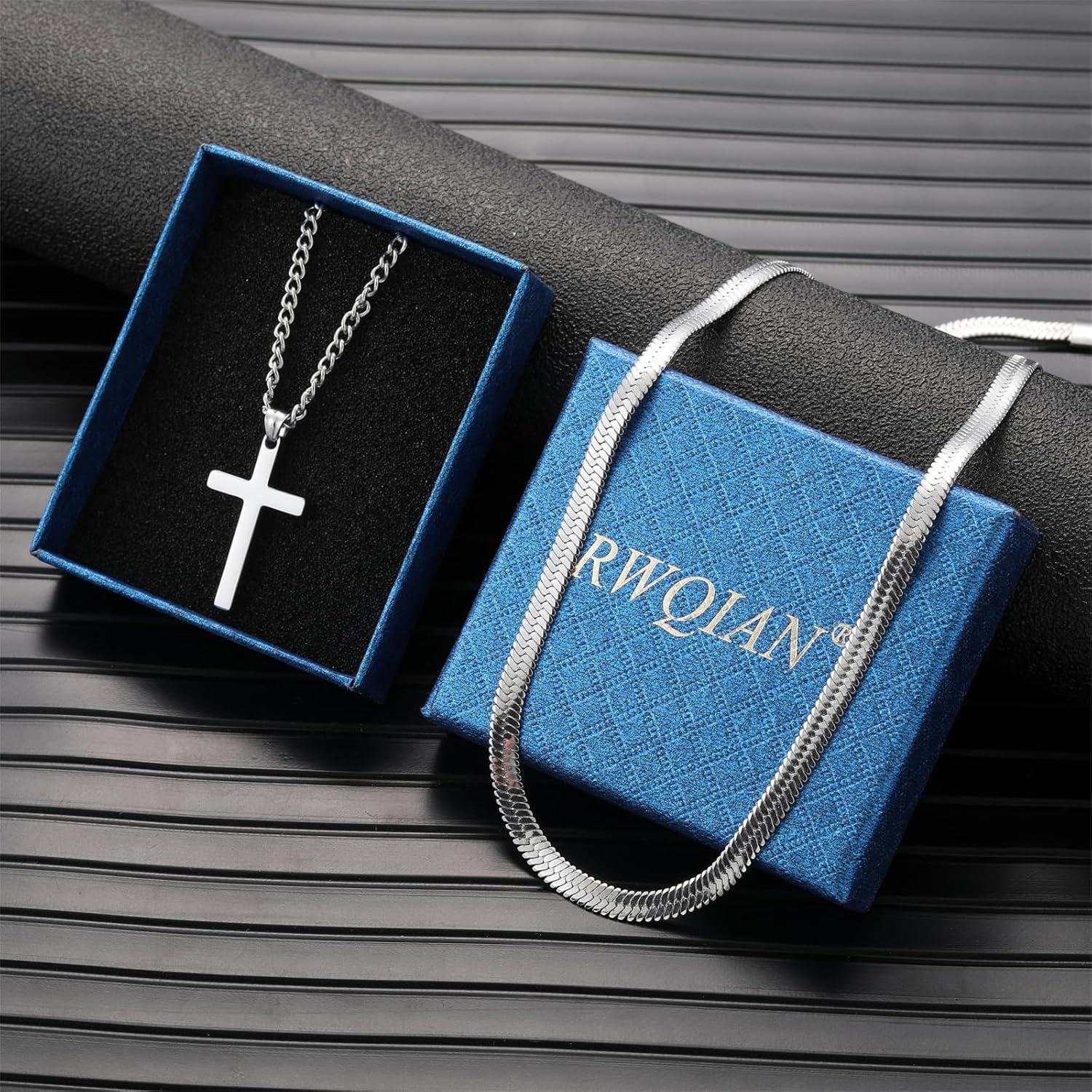 Herren Kreuz Kette Edelstahl Silber/Gold/Schwarz Layered 55cm Set