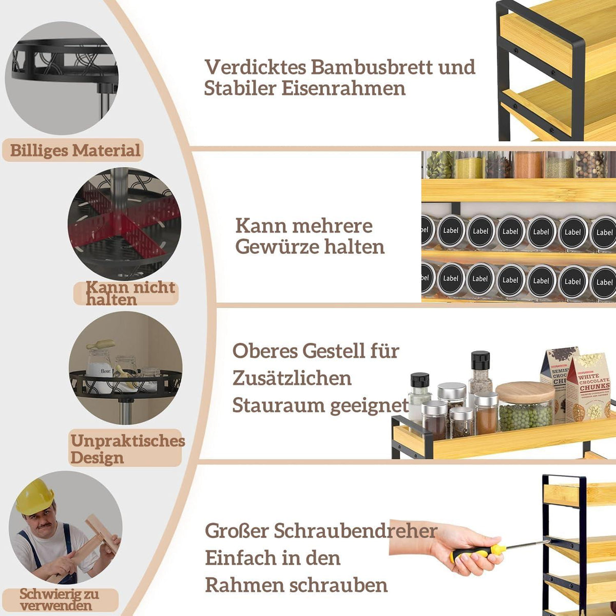 Yearonan 4-stöckiges Holz-Gewürzregal für 35 Gewürzflaschen
