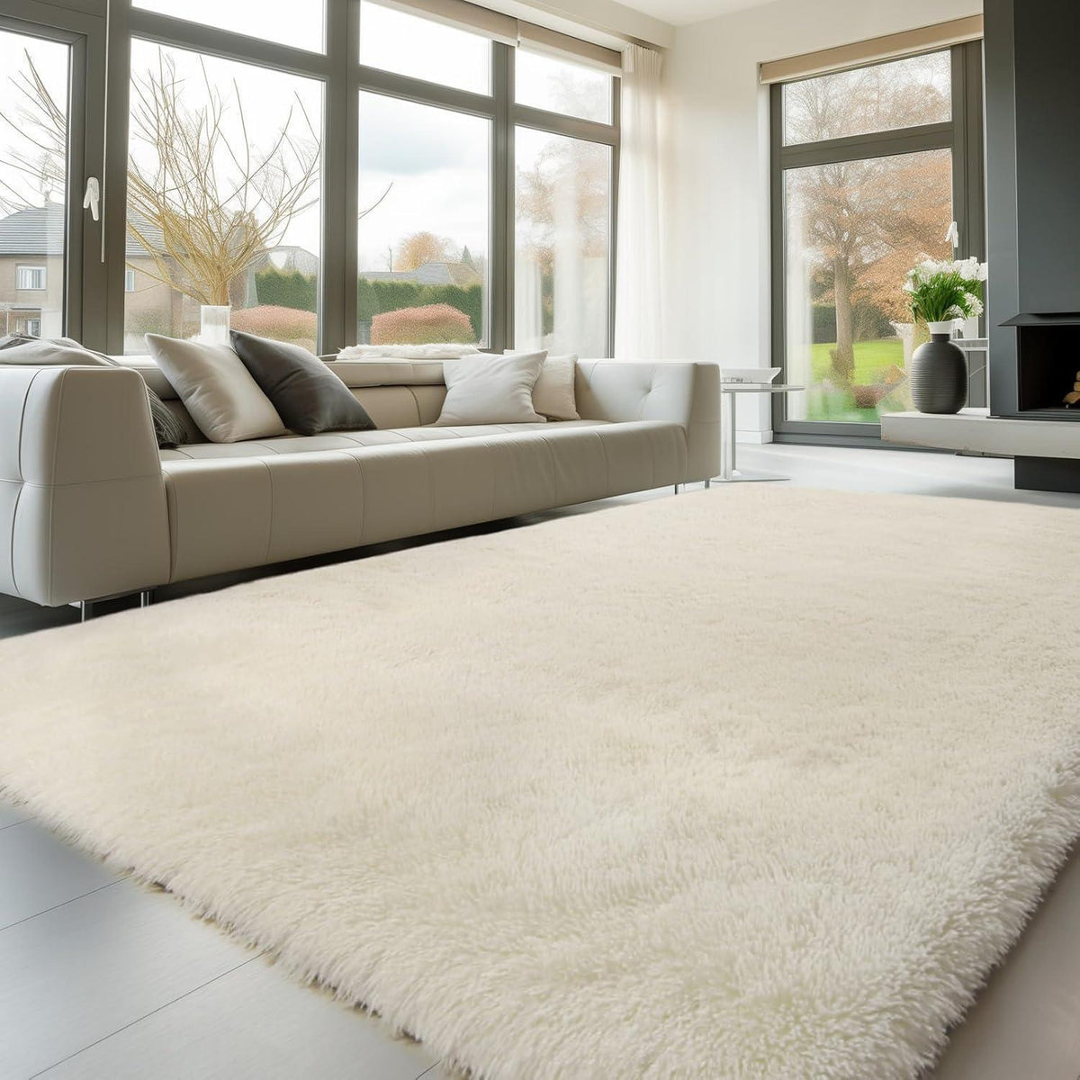 Hochflor Teppich Creme 275x370 – Flauschiger Wohnzimmerteppich Anti-Rutsch