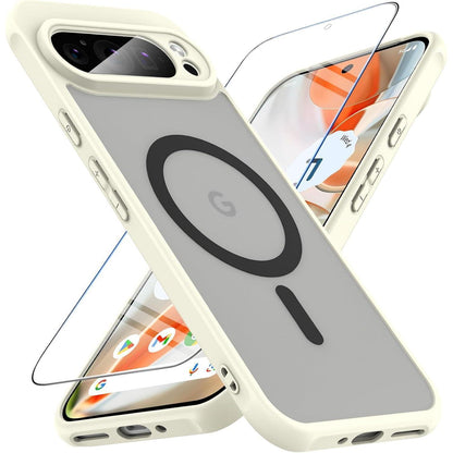 Schutzhülle für Google Pixel 9 Pro, MagSafe, Hartglas, Frost-Optik, Weiß