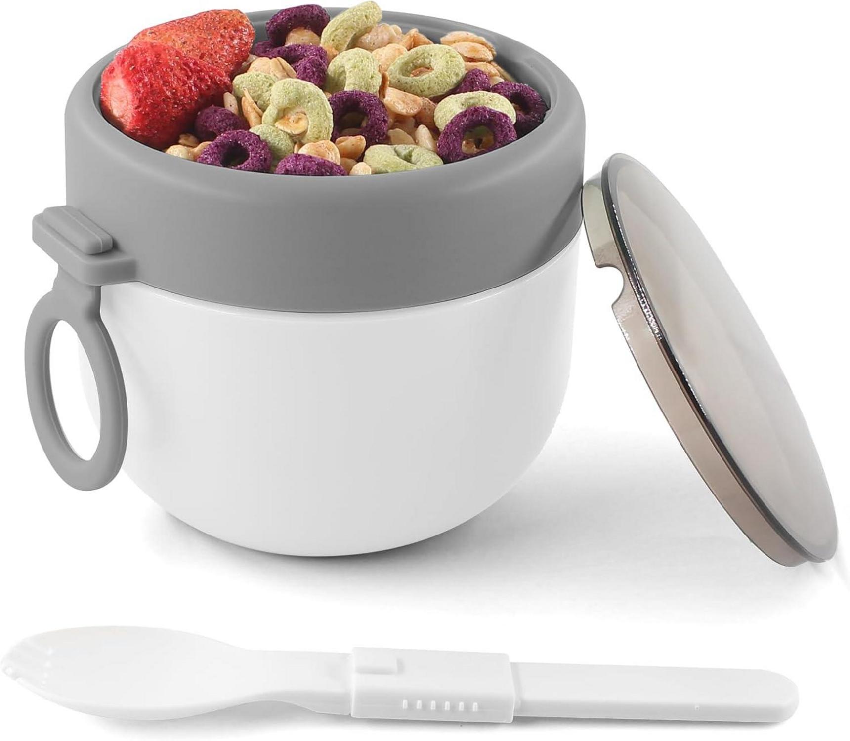 Tragbarer Joghurtbecher to go mit Klapplöffel, leak-proof