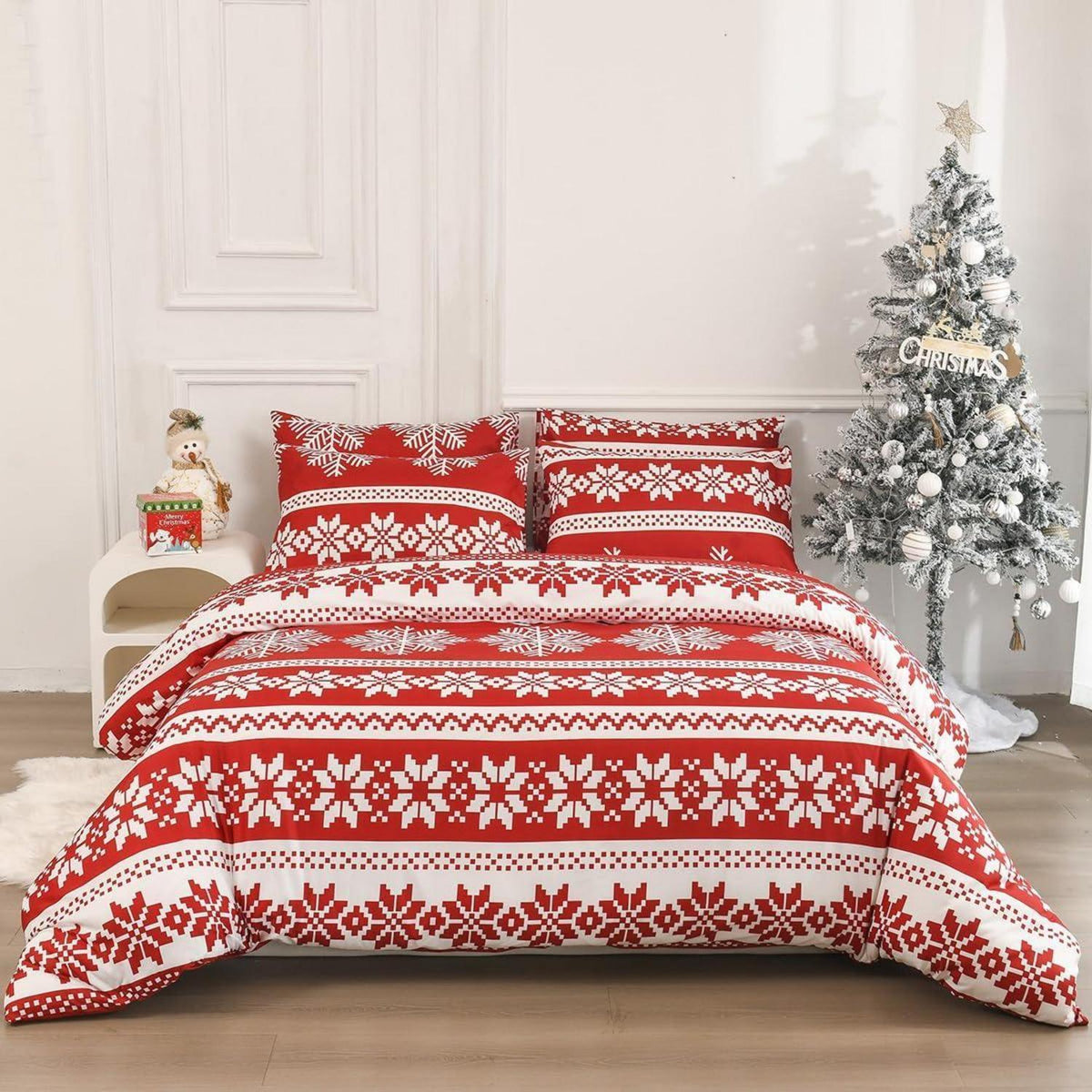 Weihnachts Bettwäsche 135x200cm 4tlg. Rot mit Wintermotiv
