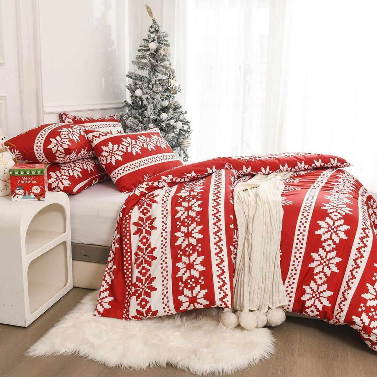Weihnachts Bettwäsche 135x200cm 4tlg. Rot mit Wintermotiv