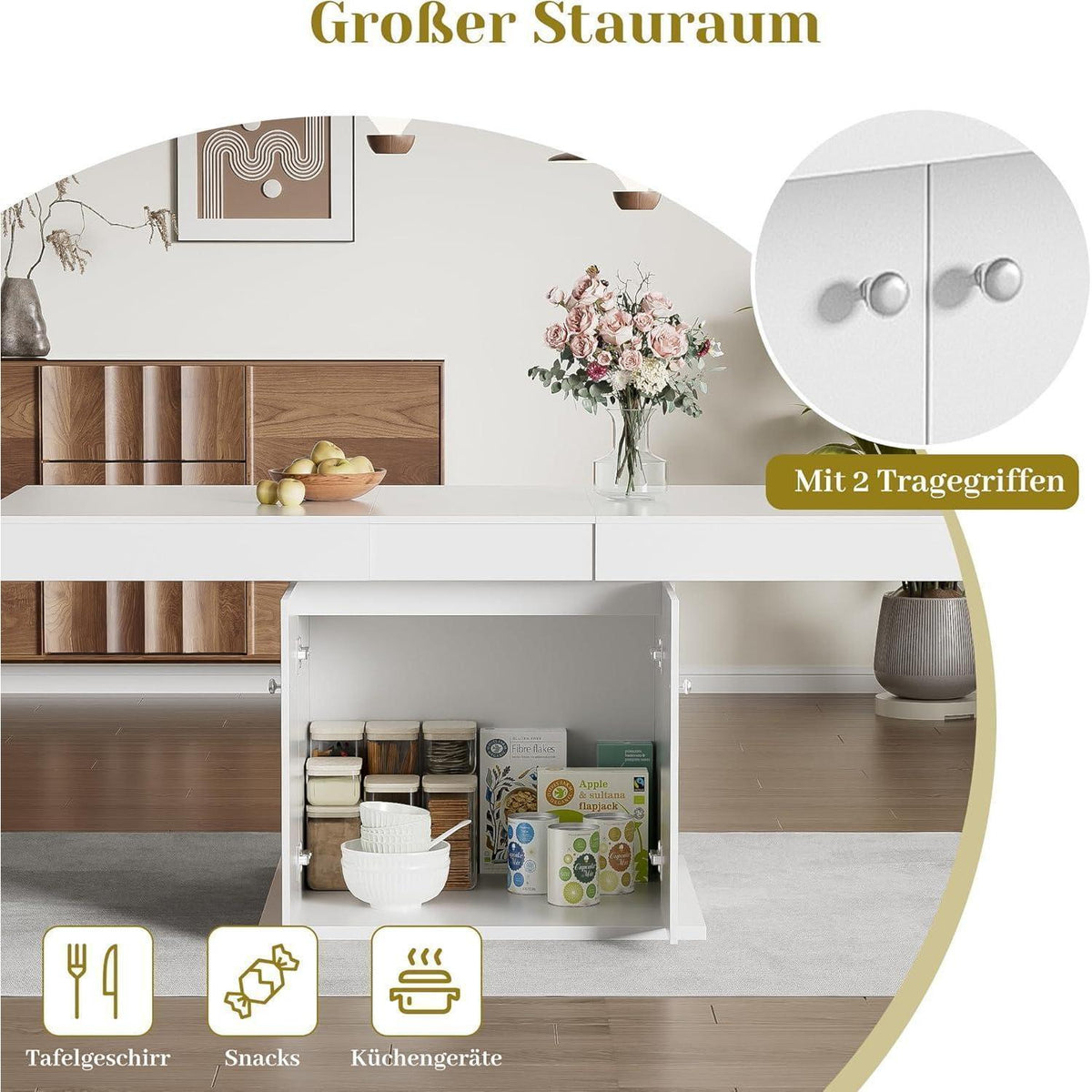 Ausziehbarer Esstisch Weiß 140/180 cm mit Ablage